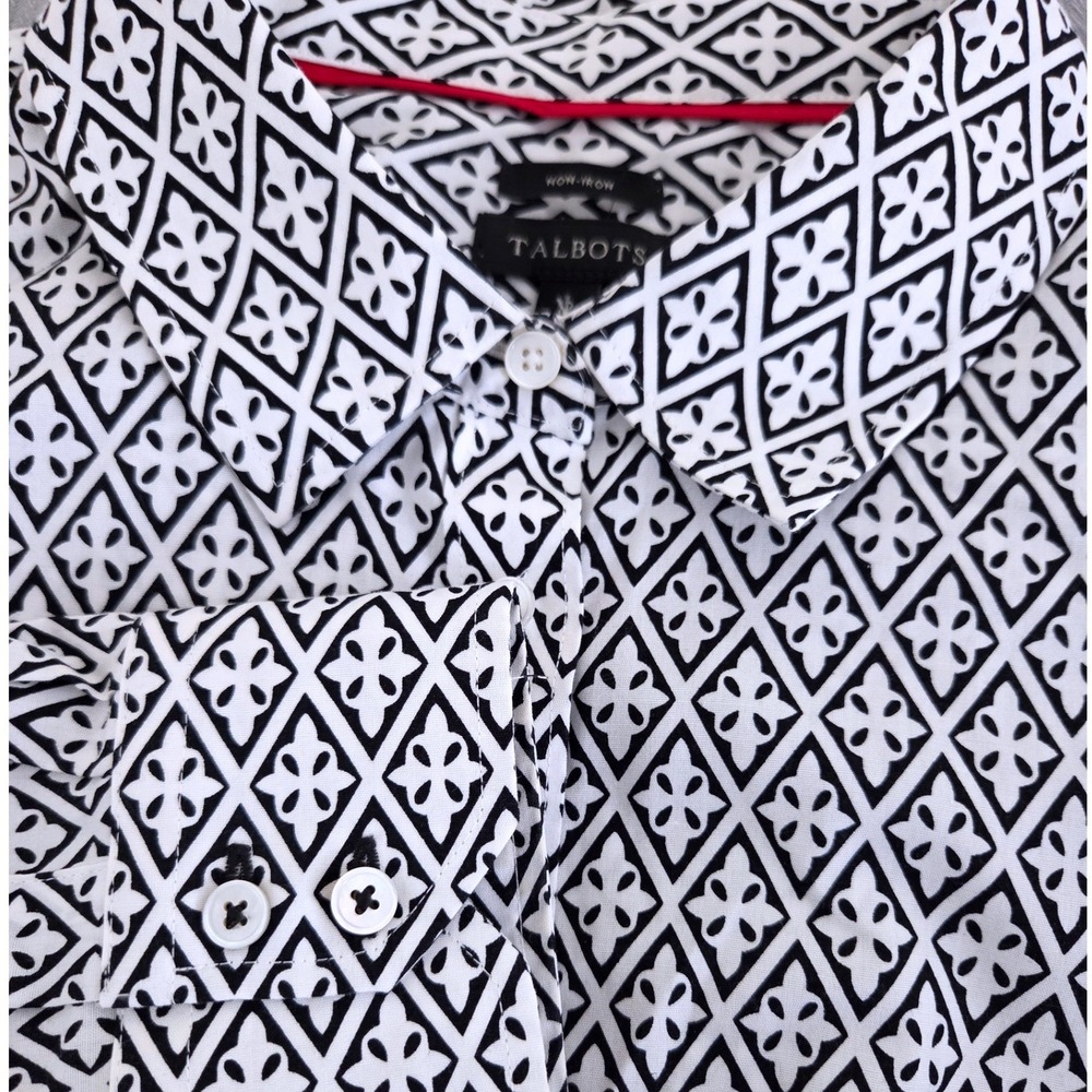 Talbots Black White Geometric Tile Print Non-Iron Long Sleeve Button Shirt Sz 12